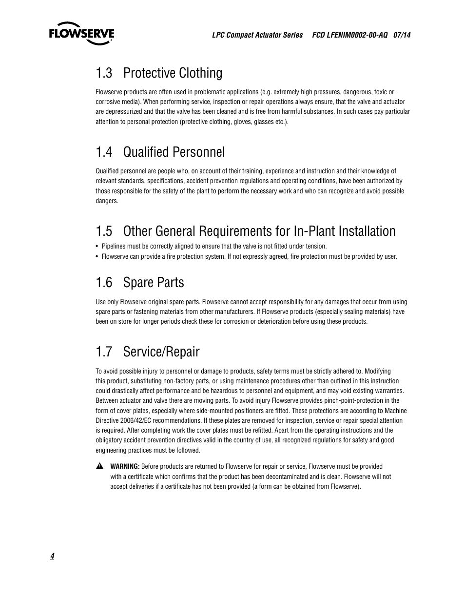 3 protective clothing, 4 qualified personnel, 6 spare parts | 7 service/repair | Flowserve LPC Compact Actuator Series User Manual | Page 4 / 24