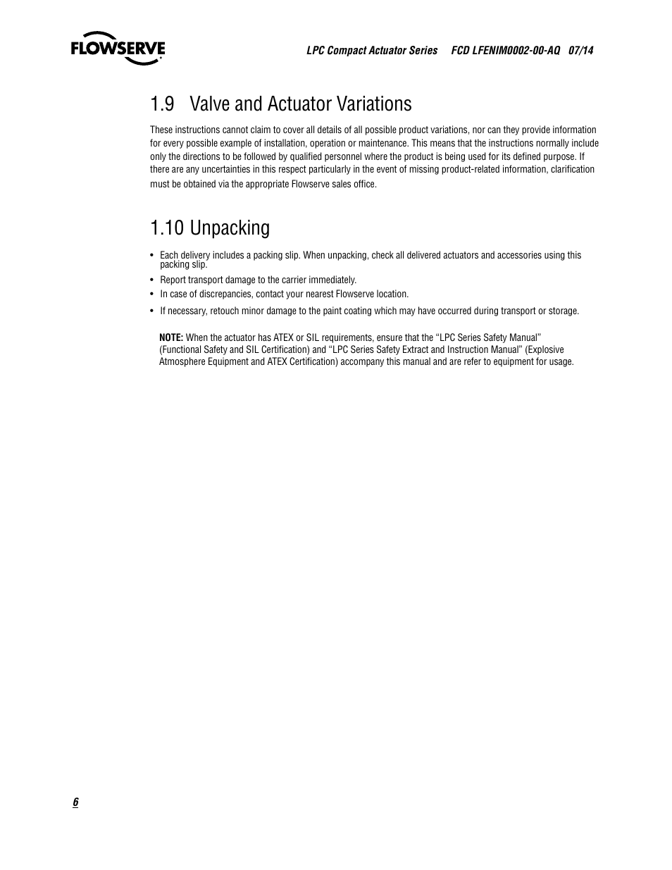 9 valve and actuator variations, 10 unpacking | Flowserve LPC Compact Actuator Series User Manual | Page 6 / 24