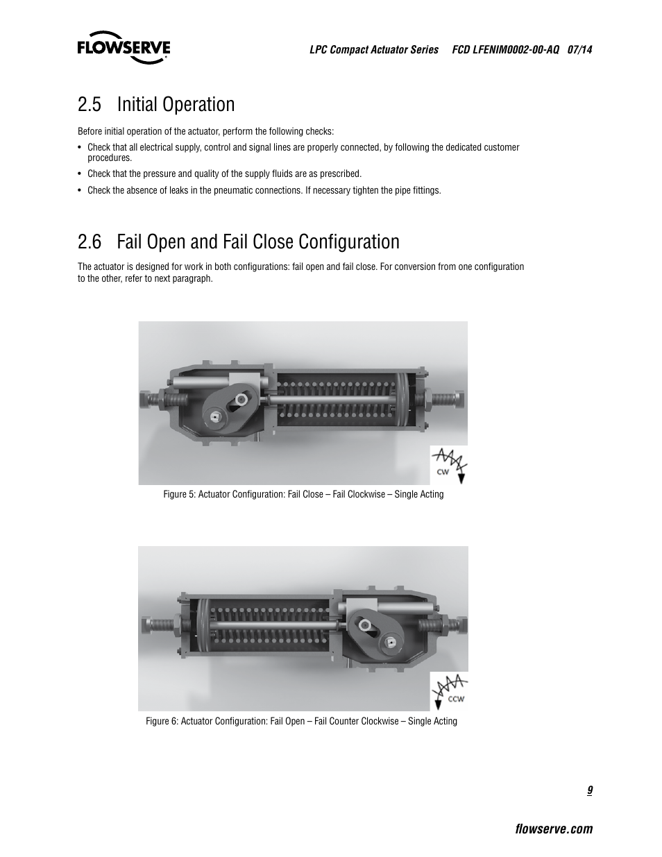 5 initial operation, 6 fail open and fail close configuration | Flowserve LPC Compact Actuator Series User Manual | Page 9 / 24