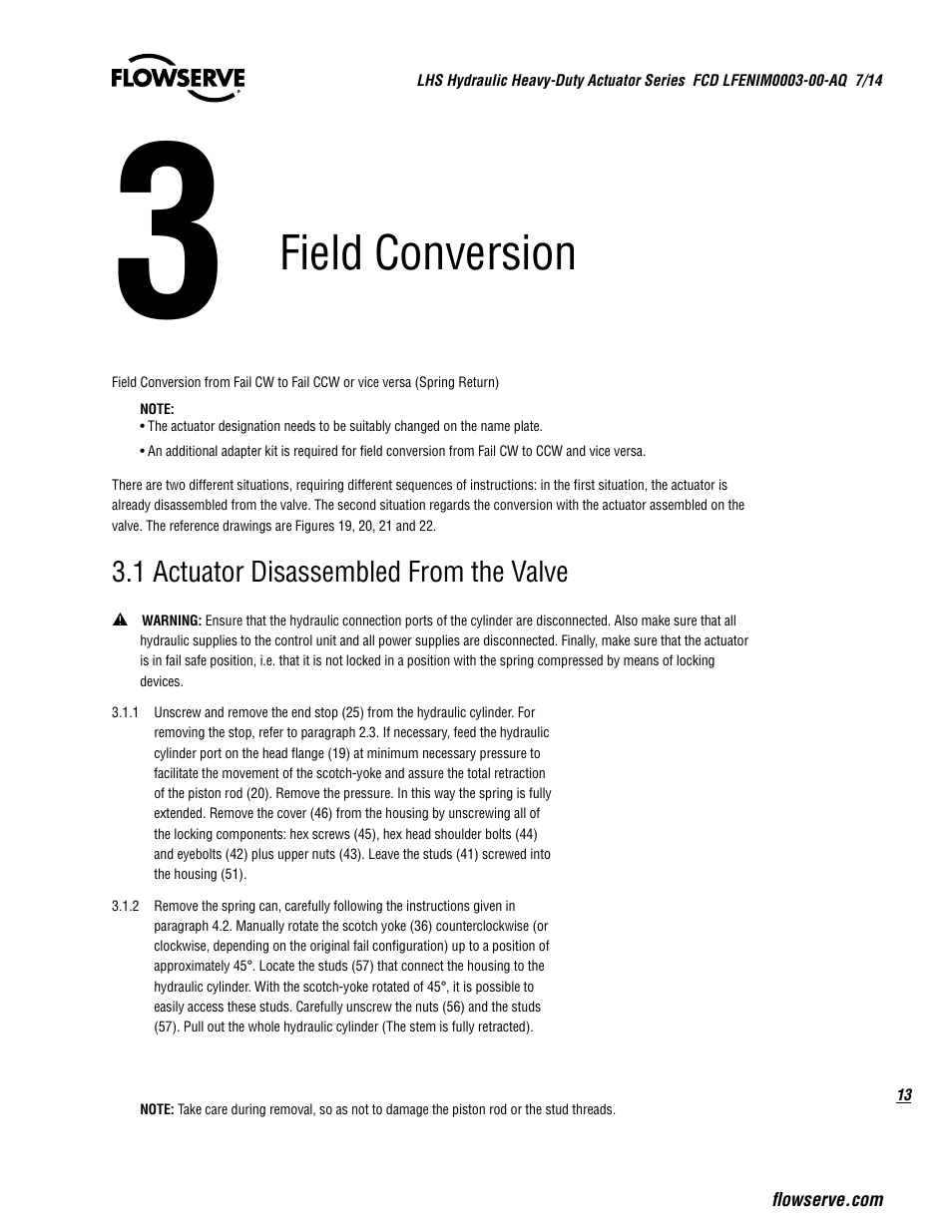 Field conversion | Flowserve LHS Hydraulic Heavy-Duty Actuator Series User Manual | Page 13 / 24