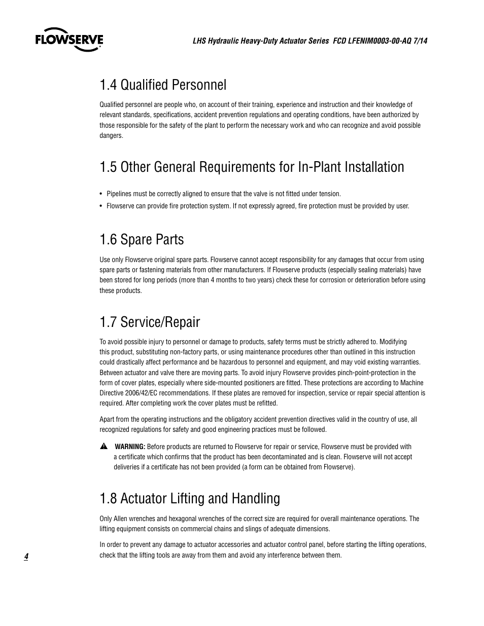 4 qualified personnel, 6 spare parts, 7 service/repair | 8 actuator lifting and handling | Flowserve LHS Hydraulic Heavy-Duty Actuator Series User Manual | Page 4 / 24