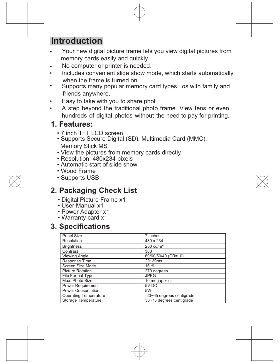 Introduction, Features, Packaging check list | Specifications | Curtis DPF771 User Manual | Page 4 / 7