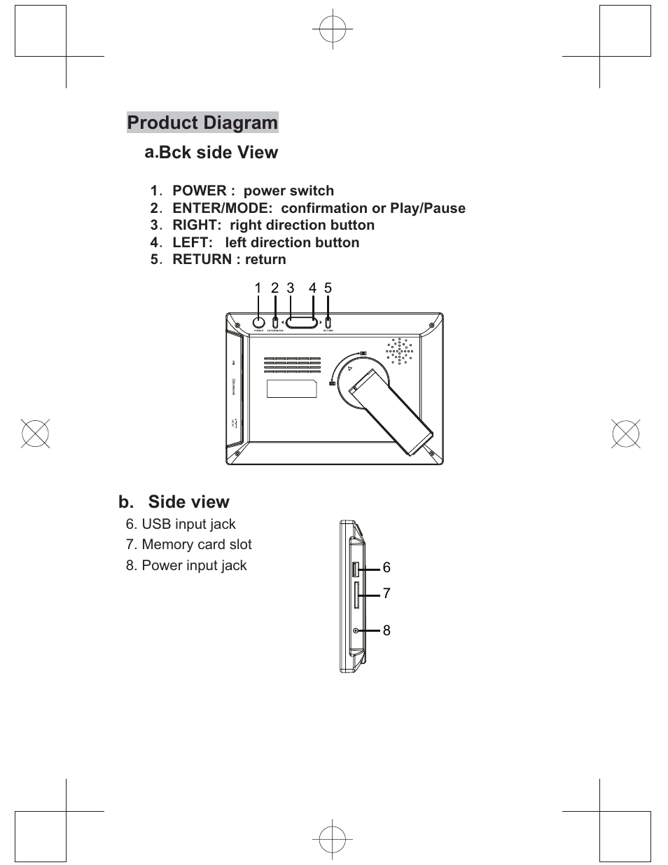 Product diagram, A.bck side view b. side view | Curtis DPF771 User Manual | Page 5 / 7