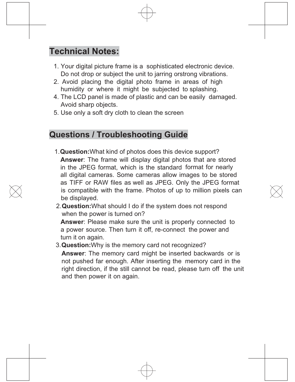 Questions / troubleshooting guide | Curtis DPF771 User Manual | Page 7 / 7