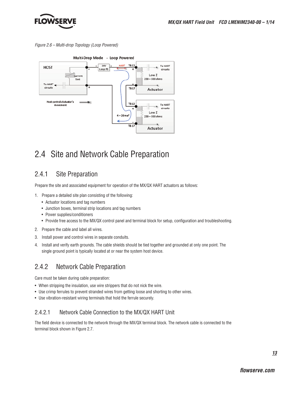 4 site and network cable preparation, 1 site preparation, 2 network cable preparation | Flowserve MX HART Field Unit User Manual | Page 13 / 72
