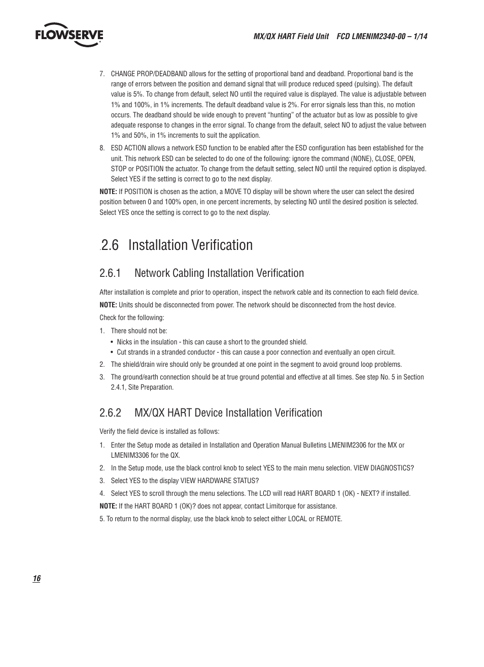 6 installation verification, 1 network cabling installation verification, 2 mx/qx hart device installation verification | Flowserve MX HART Field Unit User Manual | Page 16 / 72
