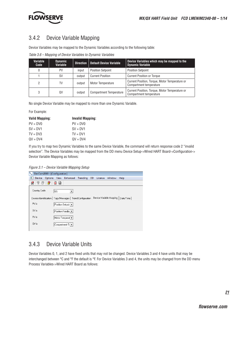 2 device variable mapping, 3 device variable units | Flowserve MX HART Field Unit User Manual | Page 21 / 72