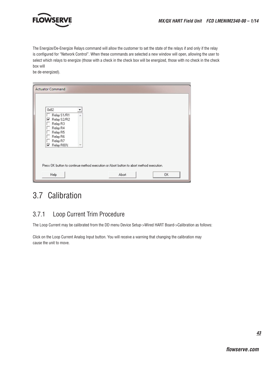 7 calibration, 1 loop current trim procedure | Flowserve MX HART Field Unit User Manual | Page 43 / 72