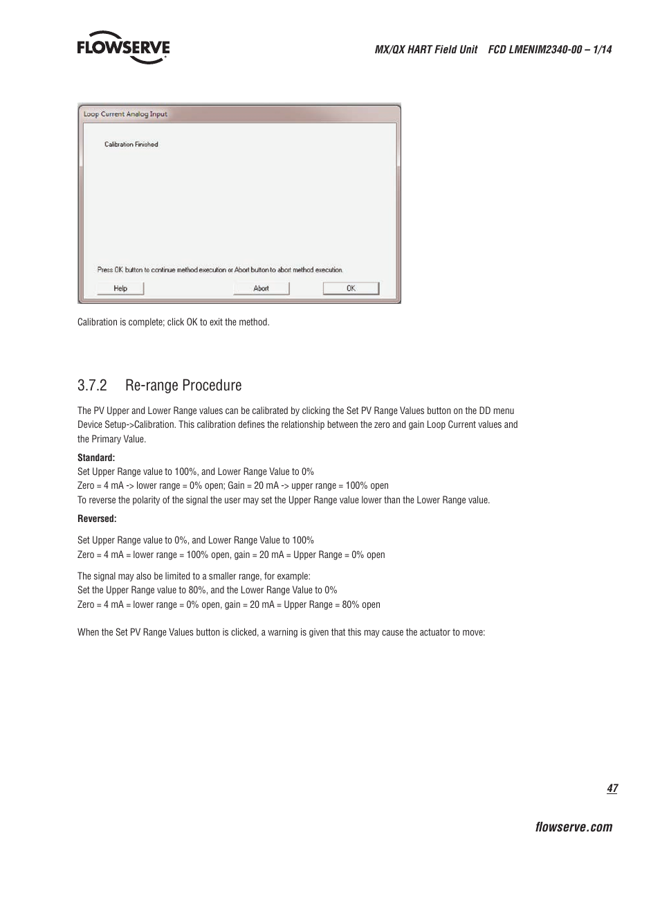 2 re-range procedure | Flowserve MX HART Field Unit User Manual | Page 47 / 72