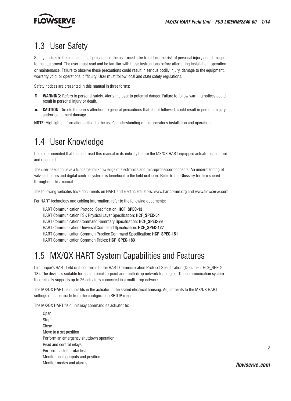 3 user safety, 4 user knowledge, 5 mx/qx hart system capabilities and features | Flowserve MX HART Field Unit User Manual | Page 7 / 72