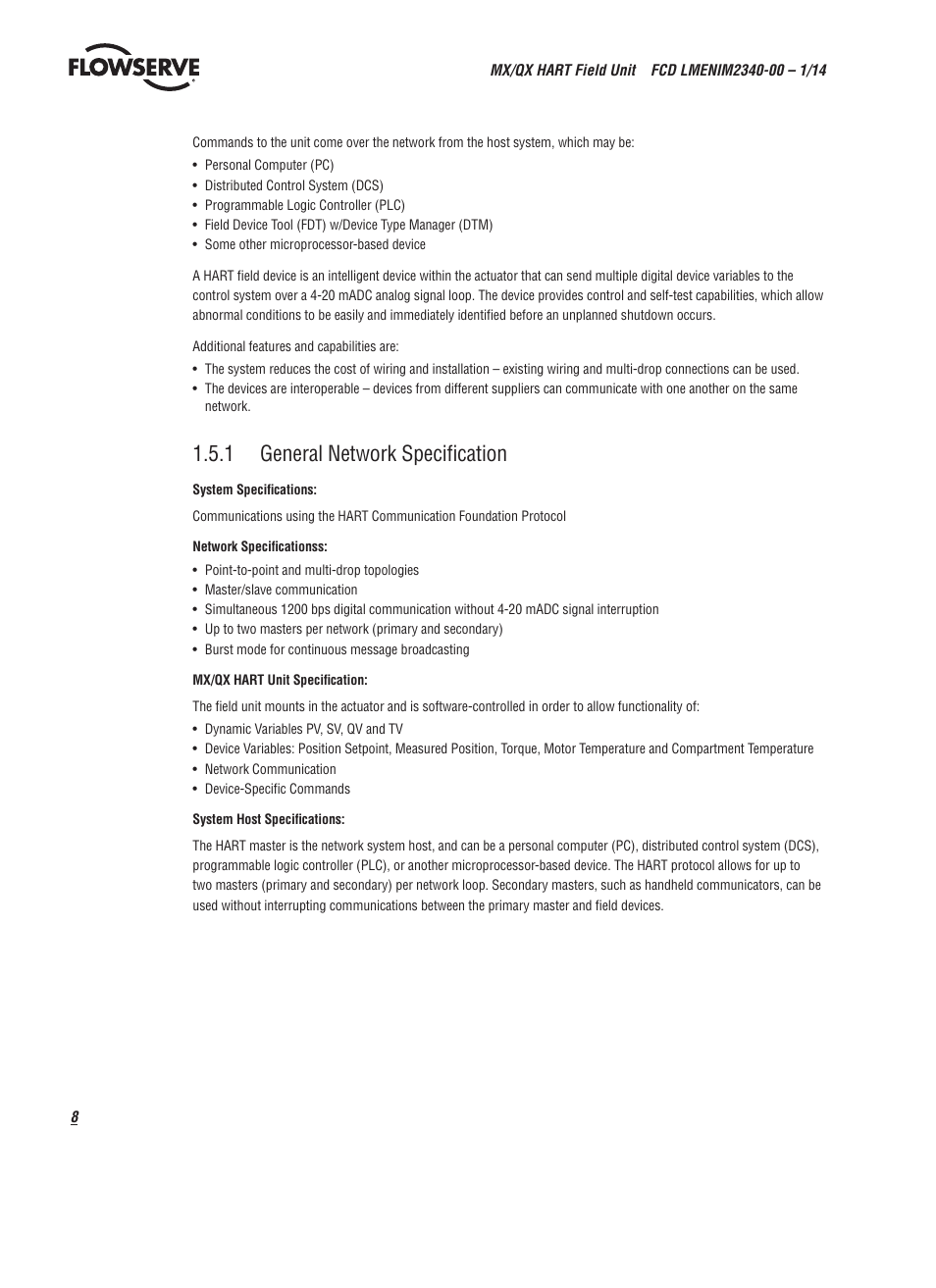 1 general network specification | Flowserve MX HART Field Unit User Manual | Page 8 / 72