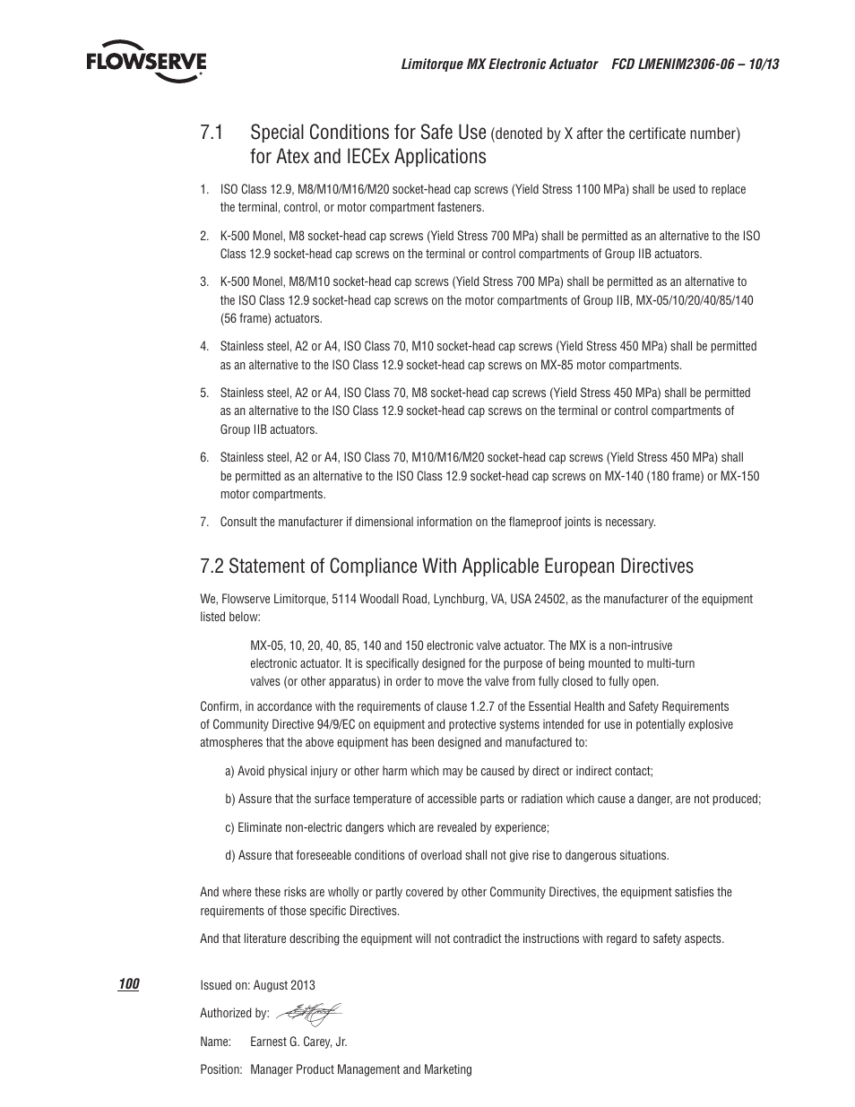1 special conditions for safe use, For atex and iecex applications | Flowserve MX Electronic Actuator User Manual | Page 100 / 104