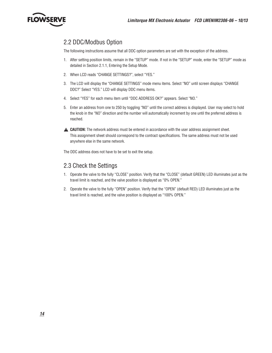 2 ddc/modbus option, 3 check the settings | Flowserve MX Electronic Actuator User Manual | Page 14 / 104