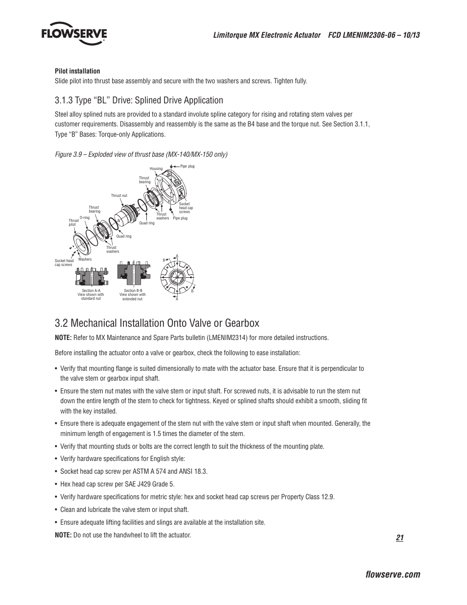 2 mechanical installation onto valve or gearbox, 3 type “bl” drive: splined drive application | Flowserve MX Electronic Actuator User Manual | Page 21 / 104