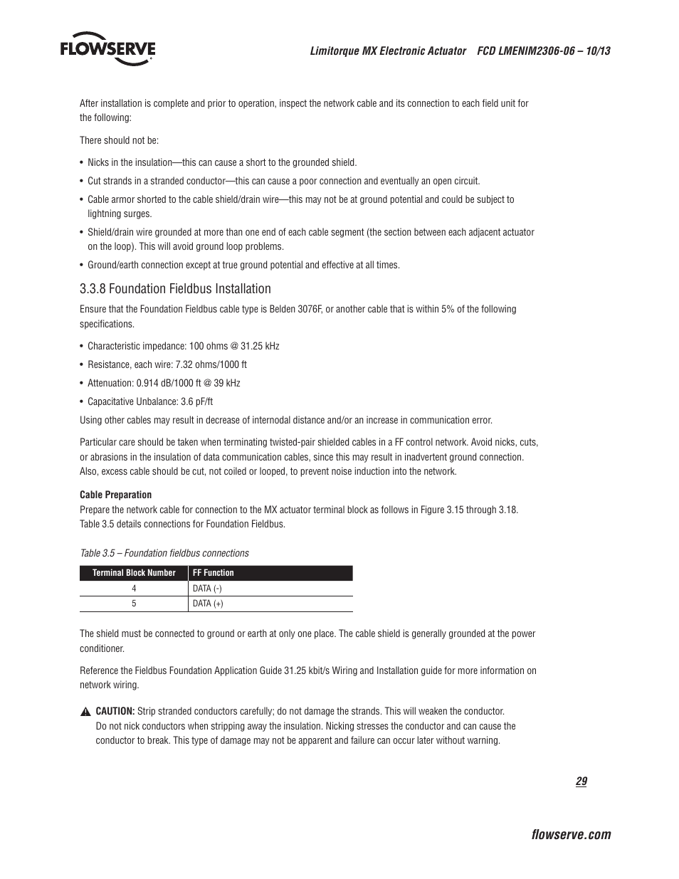 8 foundation fieldbus installation | Flowserve MX Electronic Actuator User Manual | Page 29 / 104