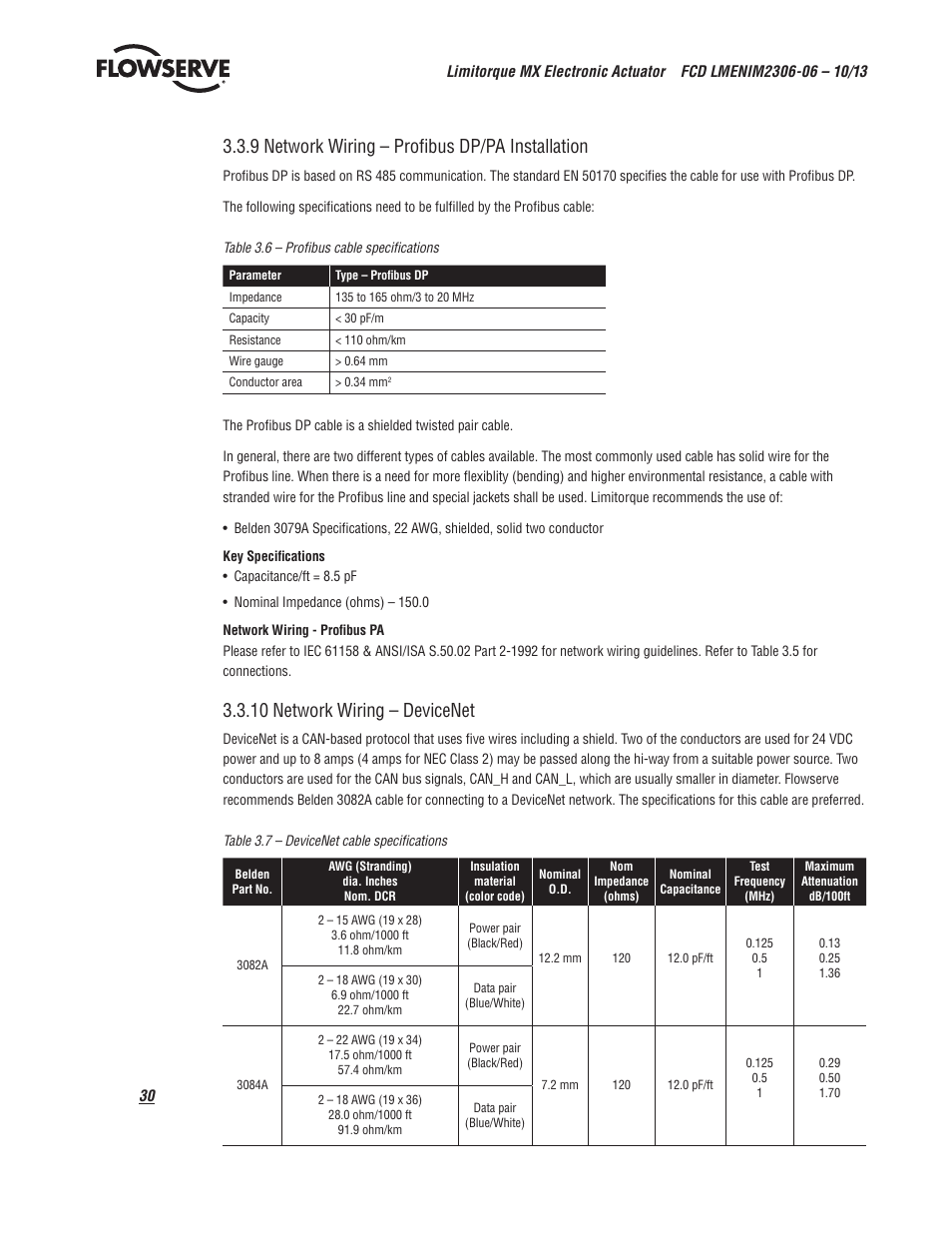 9 network wiring – profibus dp/pa installation, 10 network wiring – devicenet | Flowserve MX Electronic Actuator User Manual | Page 30 / 104