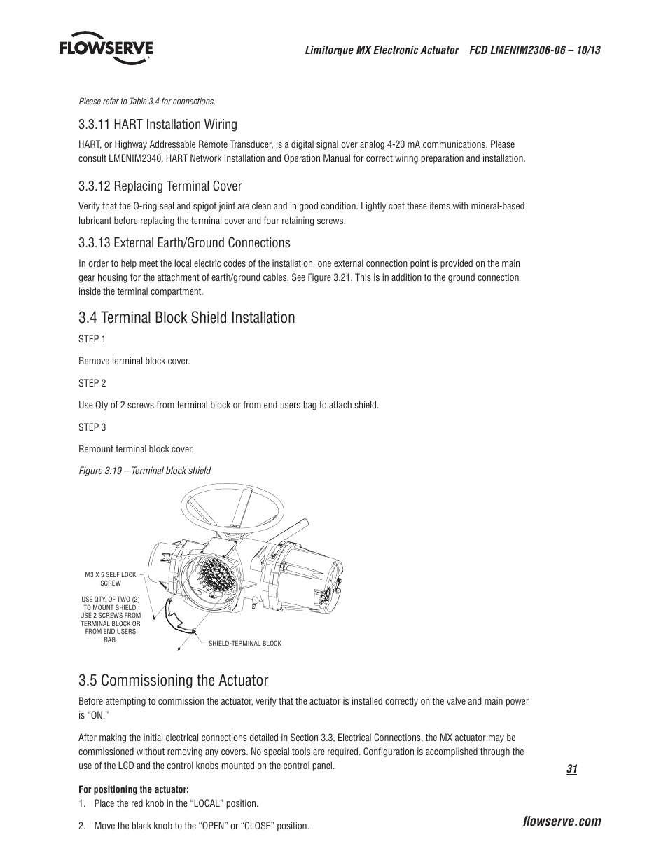 4 terminal block shield installation, 5 commissioning the actuator, 11 hart installation wiring | 12 replacing terminal cover, 13 external earth/ground connections | Flowserve MX Electronic Actuator User Manual | Page 31 / 104