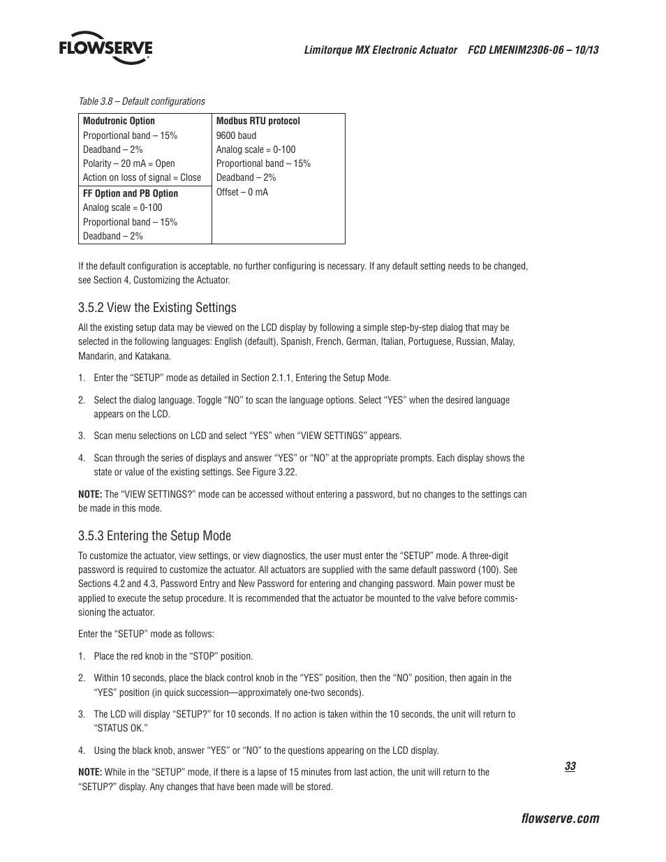 2 view the existing settings, 3 entering the setup mode | Flowserve MX Electronic Actuator User Manual | Page 33 / 104
