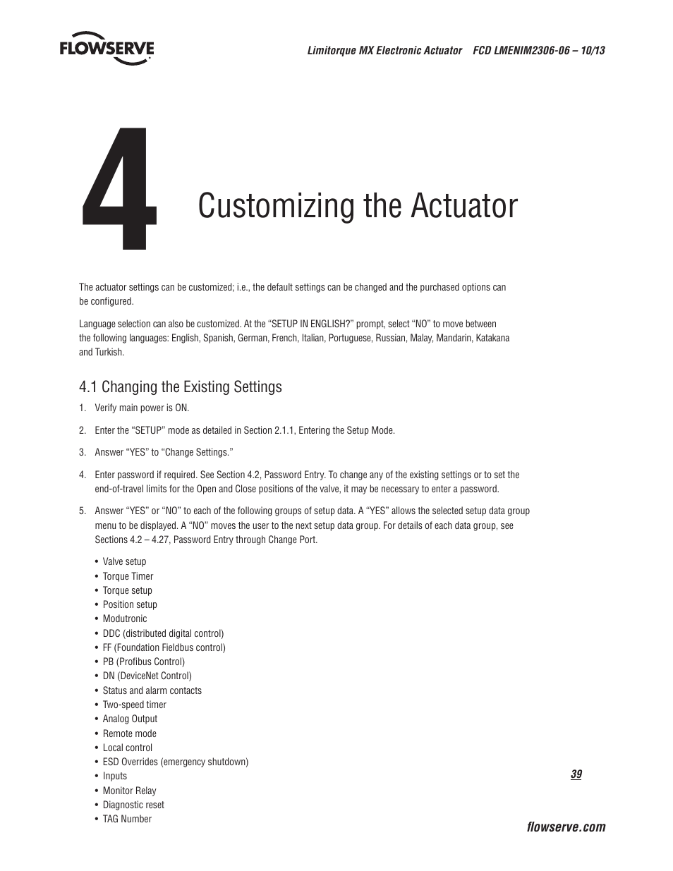 Customizing the actuator | Flowserve MX Electronic Actuator User Manual | Page 39 / 104