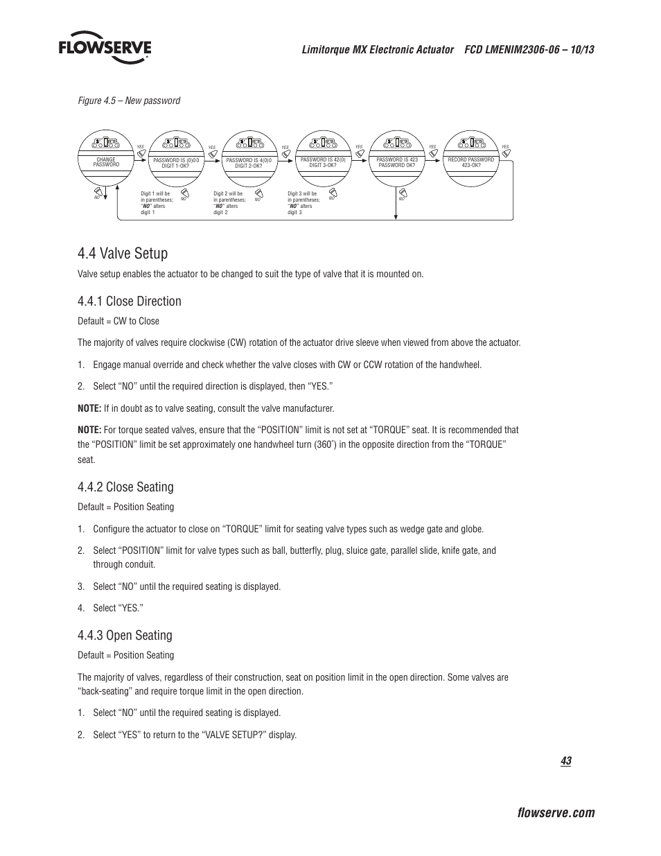 4 valve setup, 1 close direction, 2 close seating | 3 open seating, Figure 4.5 – new password | Flowserve MX Electronic Actuator User Manual | Page 43 / 104