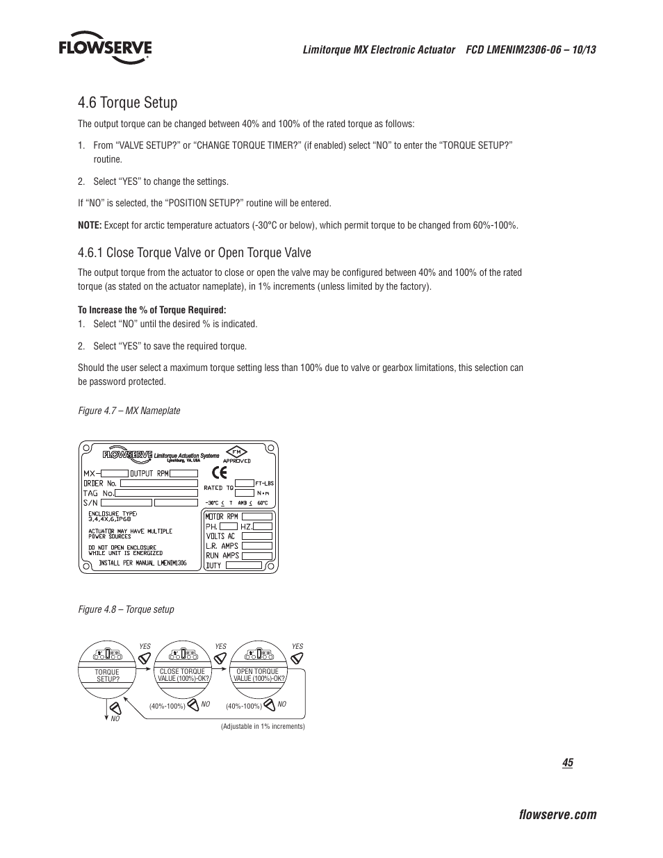 6 torque setup, 1 close torque valve or open torque valve | Flowserve MX Electronic Actuator User Manual | Page 45 / 104