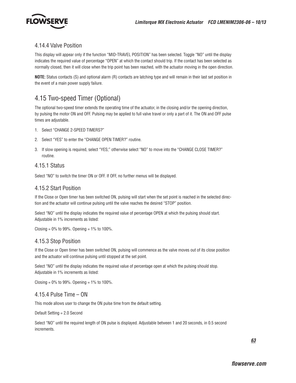 15 two-speed timer (optional) | Flowserve MX Electronic Actuator User Manual | Page 63 / 104