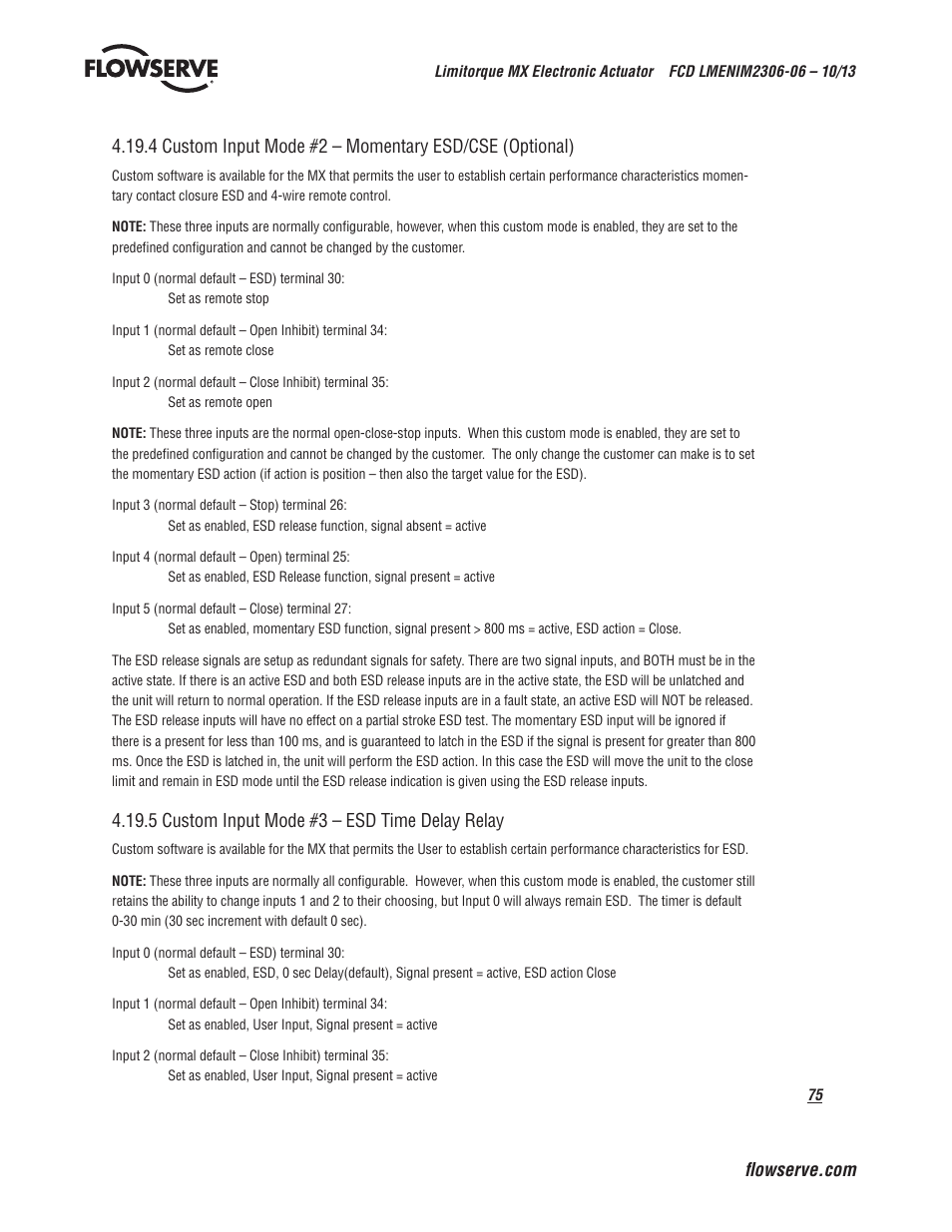 5 custom input mode #3 – esd time delay relay | Flowserve MX Electronic Actuator User Manual | Page 75 / 104