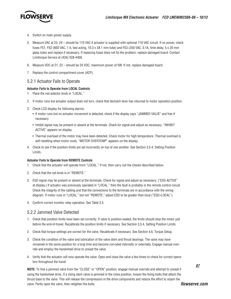 1 actuator fails to operate, 2 jammed valve detected | Flowserve MX Electronic Actuator User Manual | Page 87 / 104