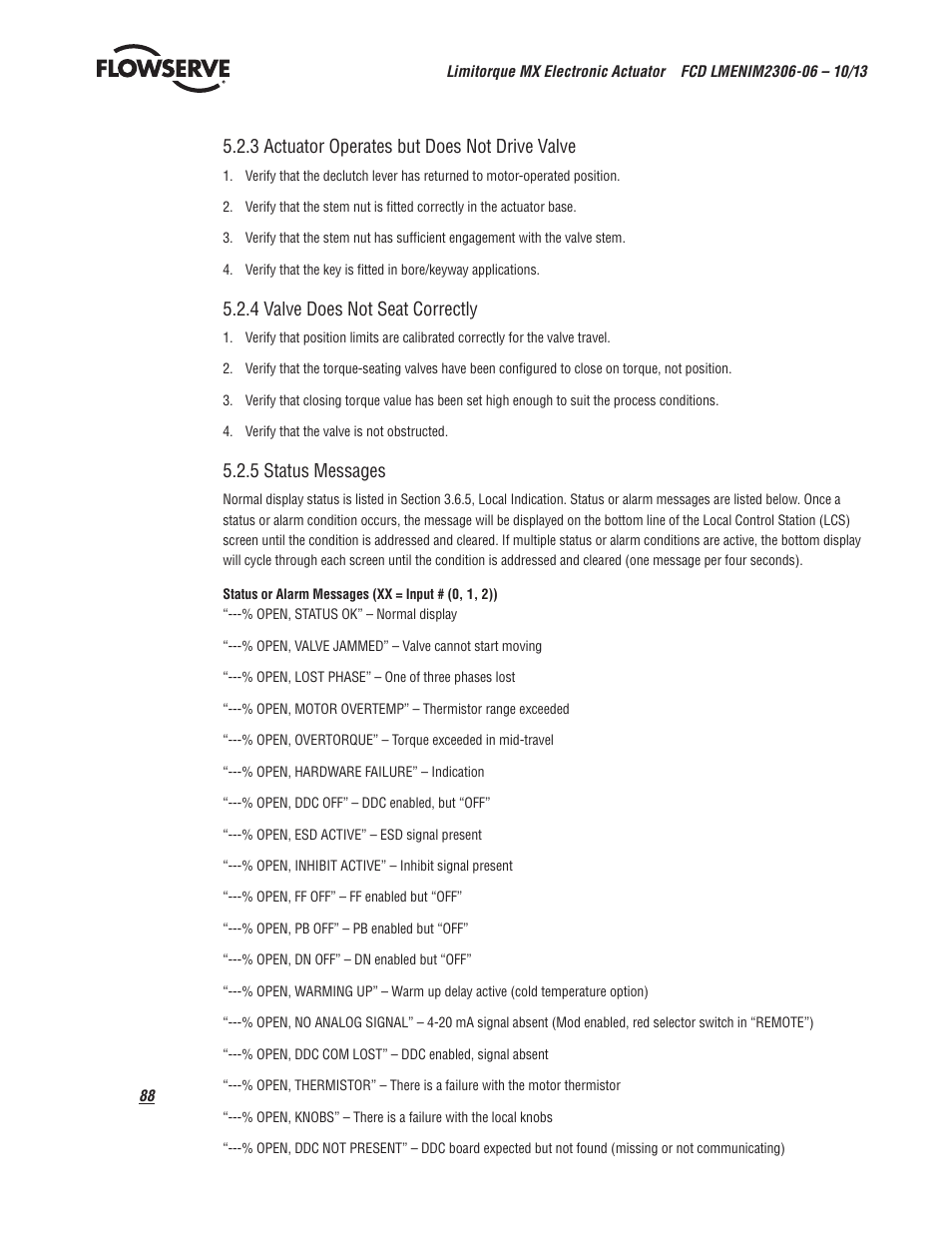 3 actuator operates but does not drive valve, 4 valve does not seat correctly, 5 status messages | Flowserve MX Electronic Actuator User Manual | Page 88 / 104