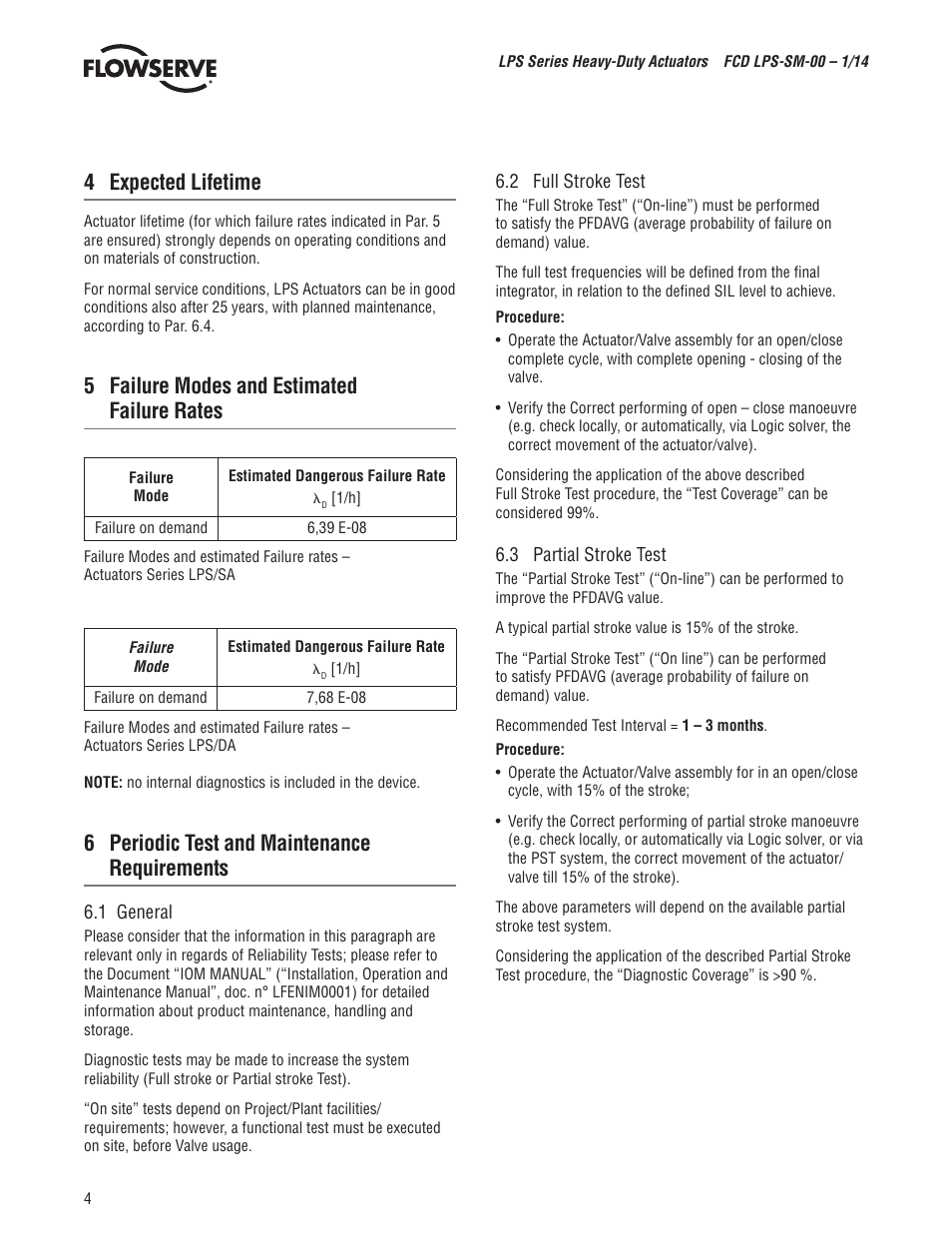 4 expected lifetime, 5 failure modes and estimated failure rates, 6 periodic test and maintenance requirements | Flowserve LPS Series Heavy-Duty Actuators User Manual | Page 4 / 6