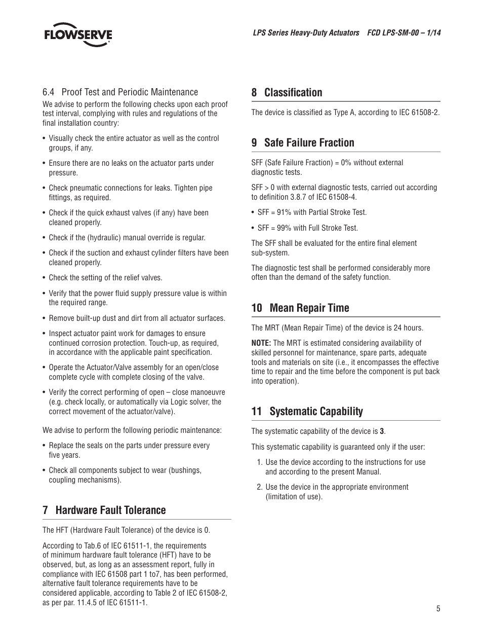 7 hardware fault tolerance, 8 classification, 9 safe failure fraction | 10 mean repair time, 11 systematic capability | Flowserve LPS Series Heavy-Duty Actuators User Manual | Page 5 / 6