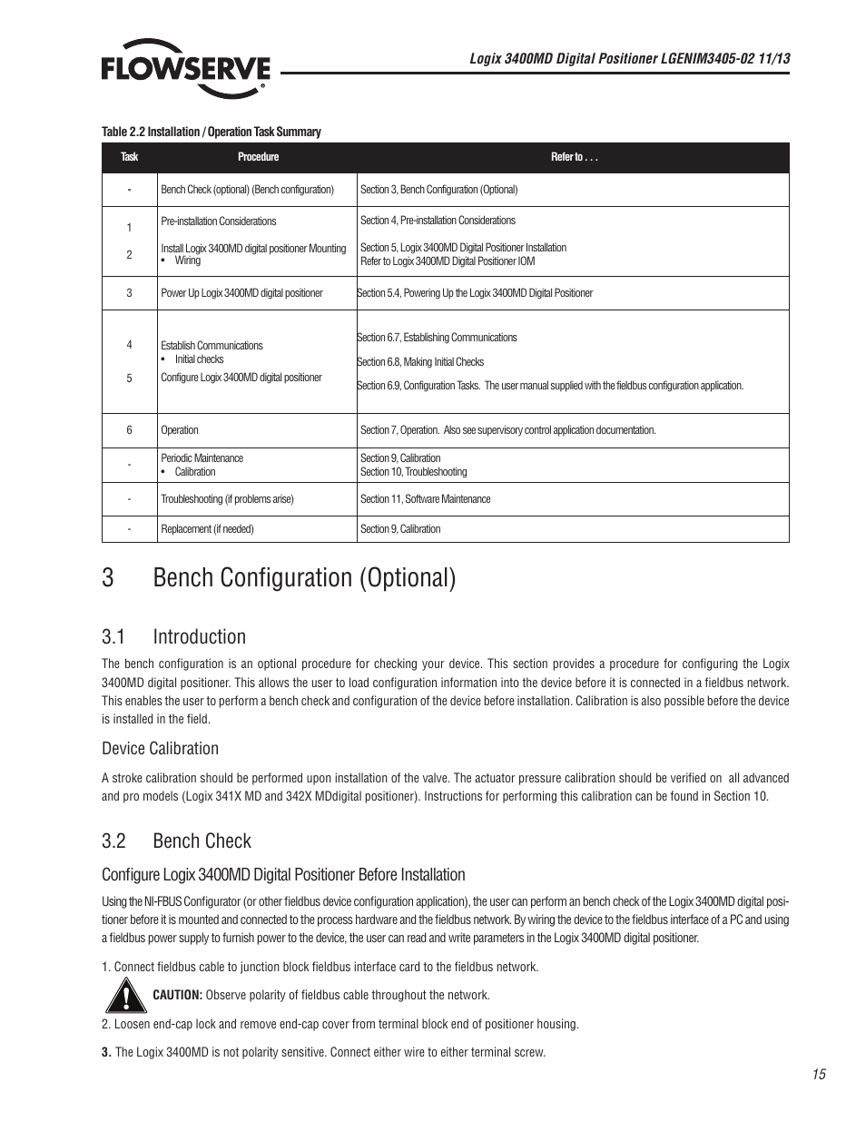 3bench configuration (optional), 1 introduction, 2 bench check | Device calibration | Flowserve 400MD Logix User Manual | Page 15 / 106