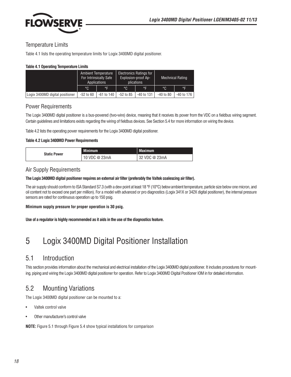 1 introduction, 2 mounting variations, Temperature limits | Power requirements, Air supply requirements | Flowserve 400MD Logix User Manual | Page 18 / 106