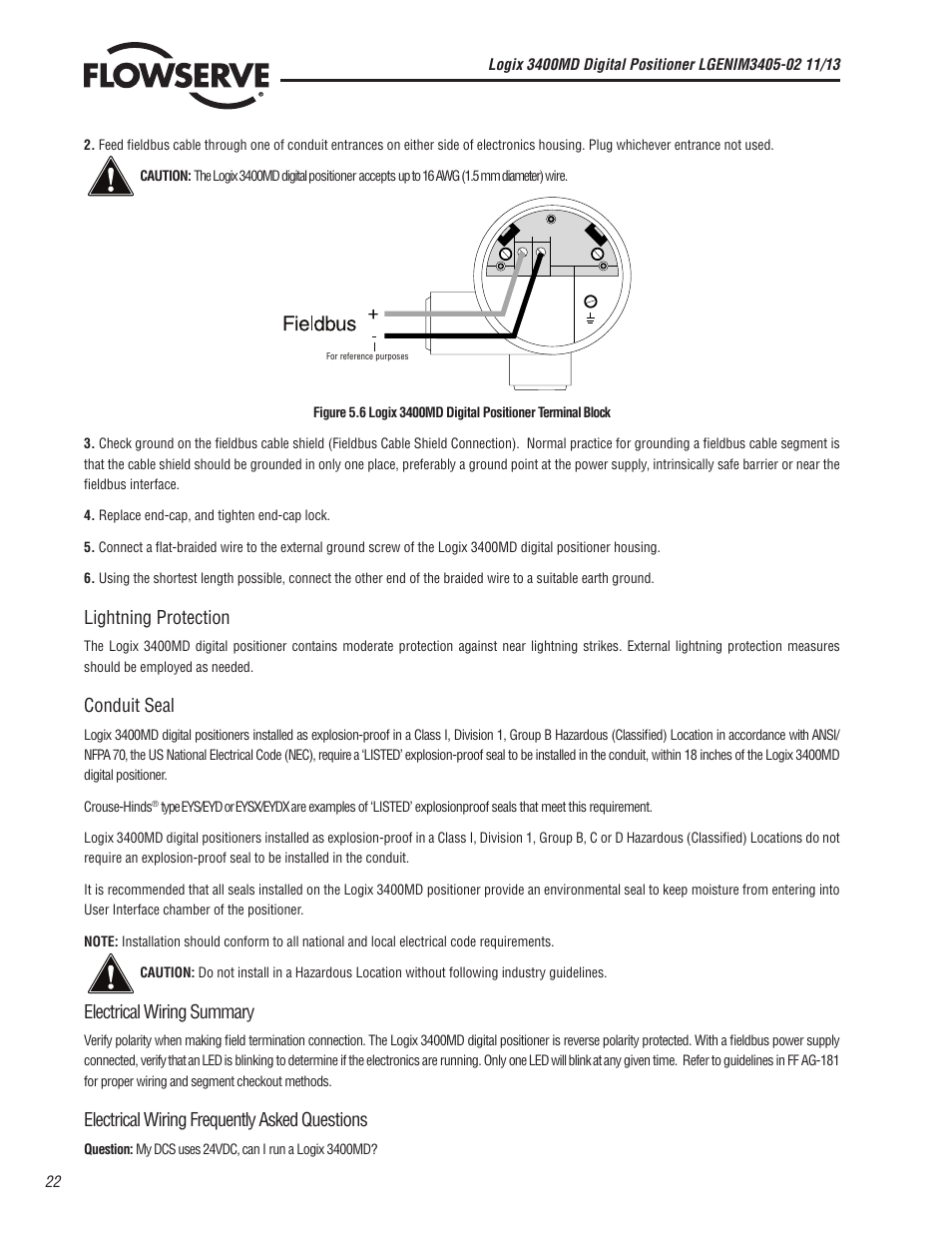 Lightning protection, Conduit seal, Electrical wiring summary | Electrical wiring frequently asked questions | Flowserve 400MD Logix User Manual | Page 22 / 106