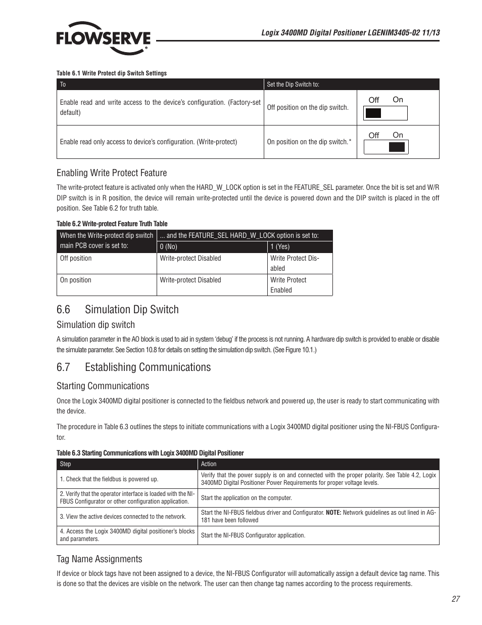 6 simulation dip switch, 7 establishing communications, Enabling write protect feature | Simulation dip switch, Starting communications, Tag name assignments | Flowserve 400MD Logix User Manual | Page 27 / 106