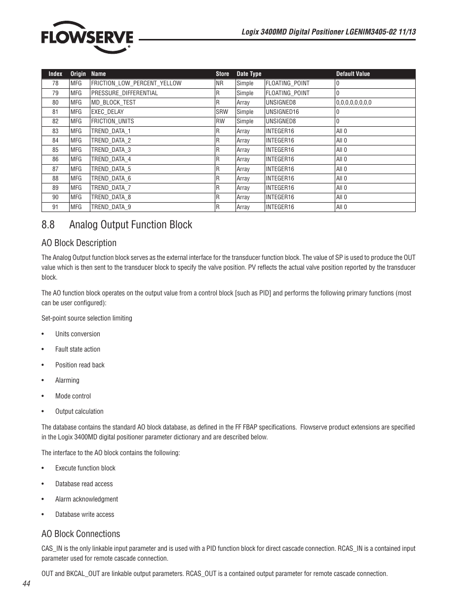 8 analog output function block, Ao block description, Ao block connections | Flowserve 400MD Logix User Manual | Page 44 / 106