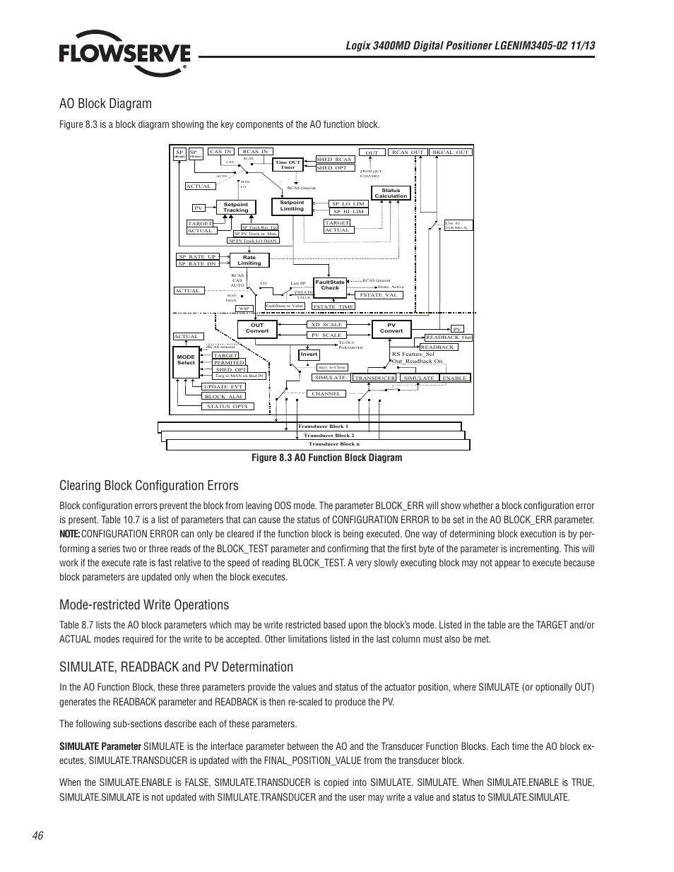 Ao block diagram, Clearing block configuration errors, Mode-restricted write operations | Simulate, readback and pv determination | Flowserve 400MD Logix User Manual | Page 46 / 106