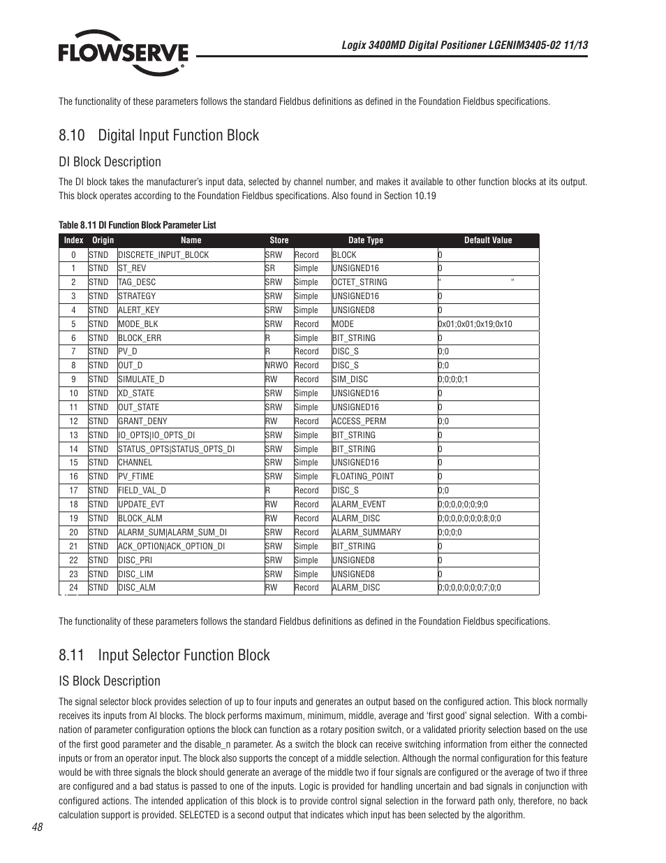10 digital input function block, 11 input selector function block, Di block description | Is block description | Flowserve 400MD Logix User Manual | Page 48 / 106