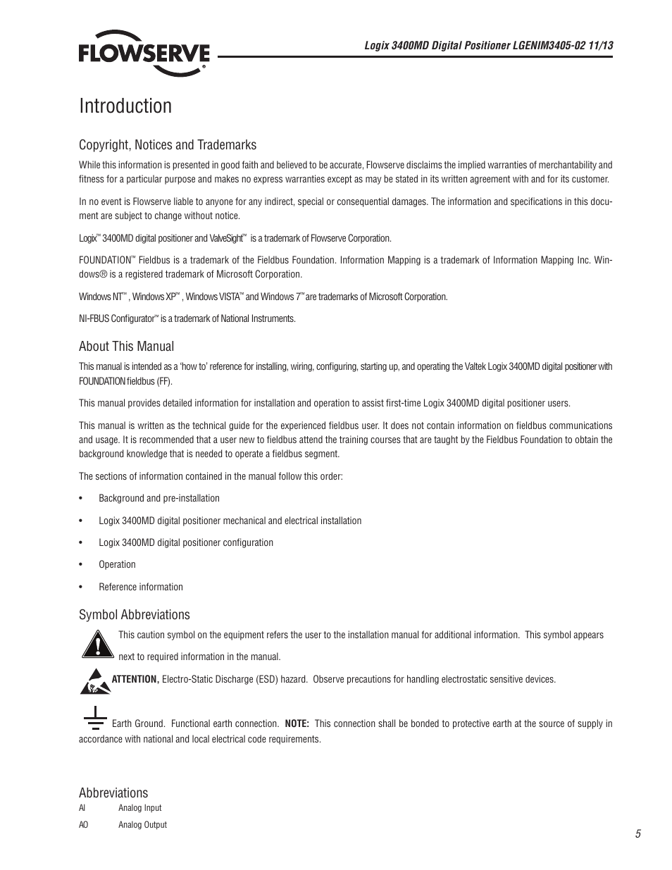 Introduction, Copyright, notices and trademarks, About this manual | Symbol abbreviations, Abbreviations | Flowserve 400MD Logix User Manual | Page 5 / 106