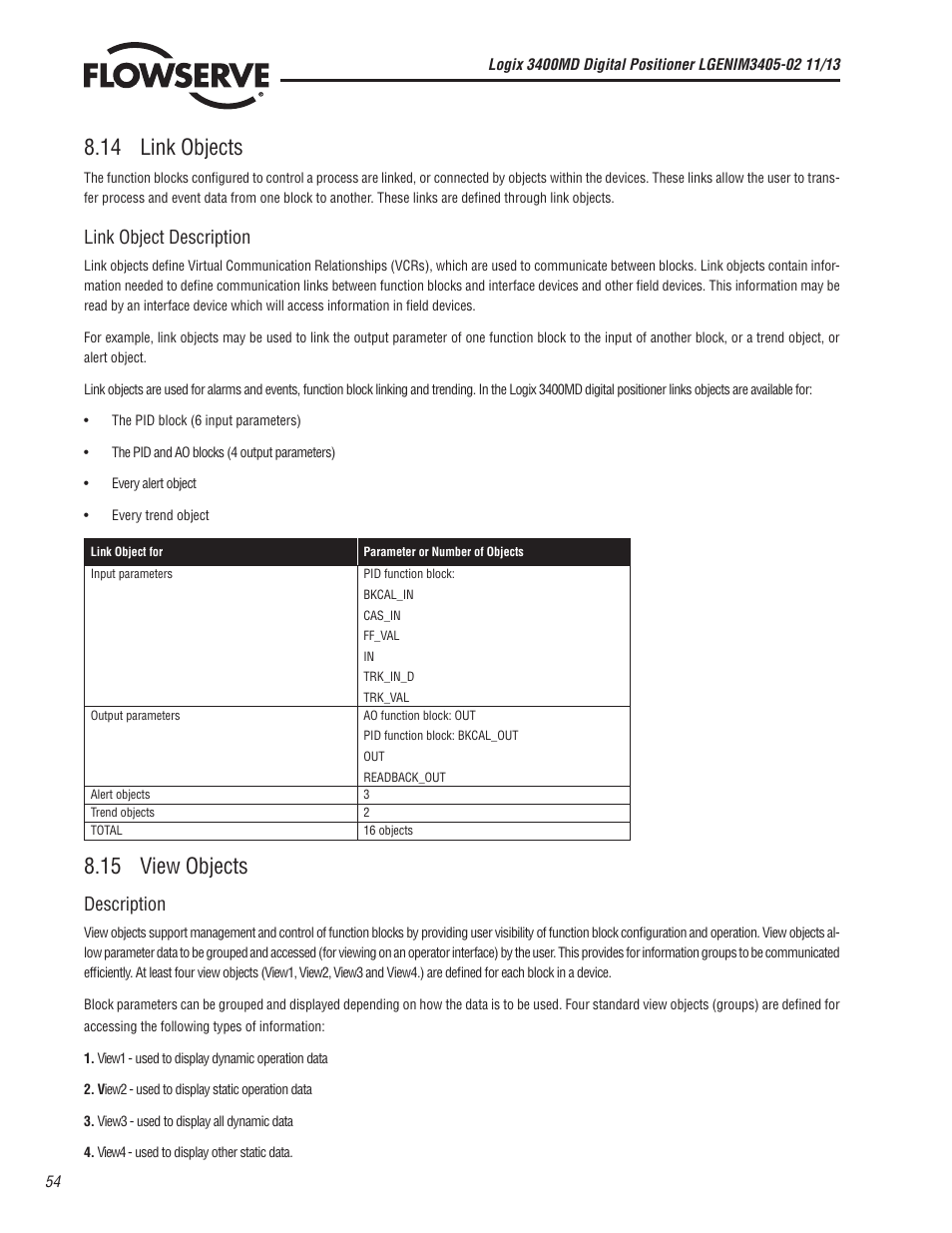 14 link objects, 15 view objects, Link object description | Description | Flowserve 400MD Logix User Manual | Page 54 / 106