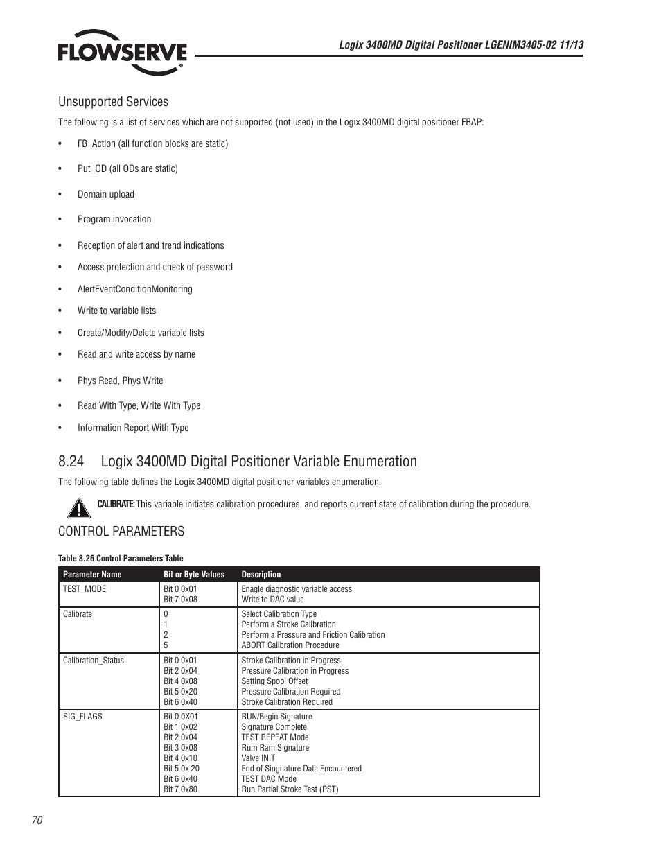 Unsupported services, Control parameters | Flowserve 400MD Logix User Manual | Page 70 / 106