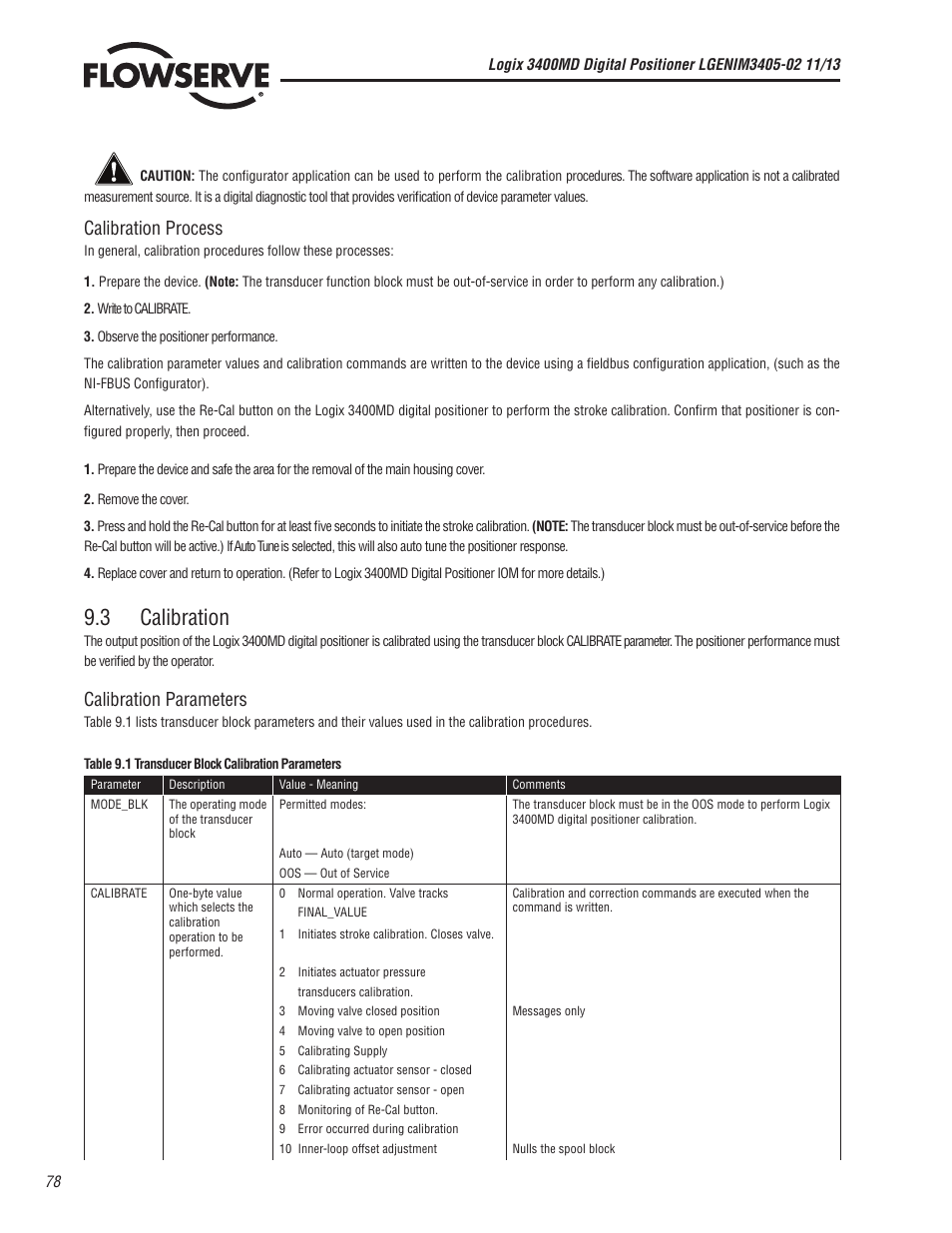 3 calibration, Calibration process, Calibration parameters | Flowserve 400MD Logix User Manual | Page 78 / 106