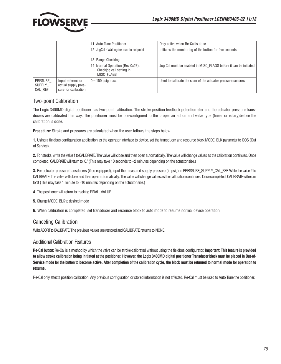Two-point calibration, Canceling calibration, Additional calibration features | Flowserve 400MD Logix User Manual | Page 79 / 106