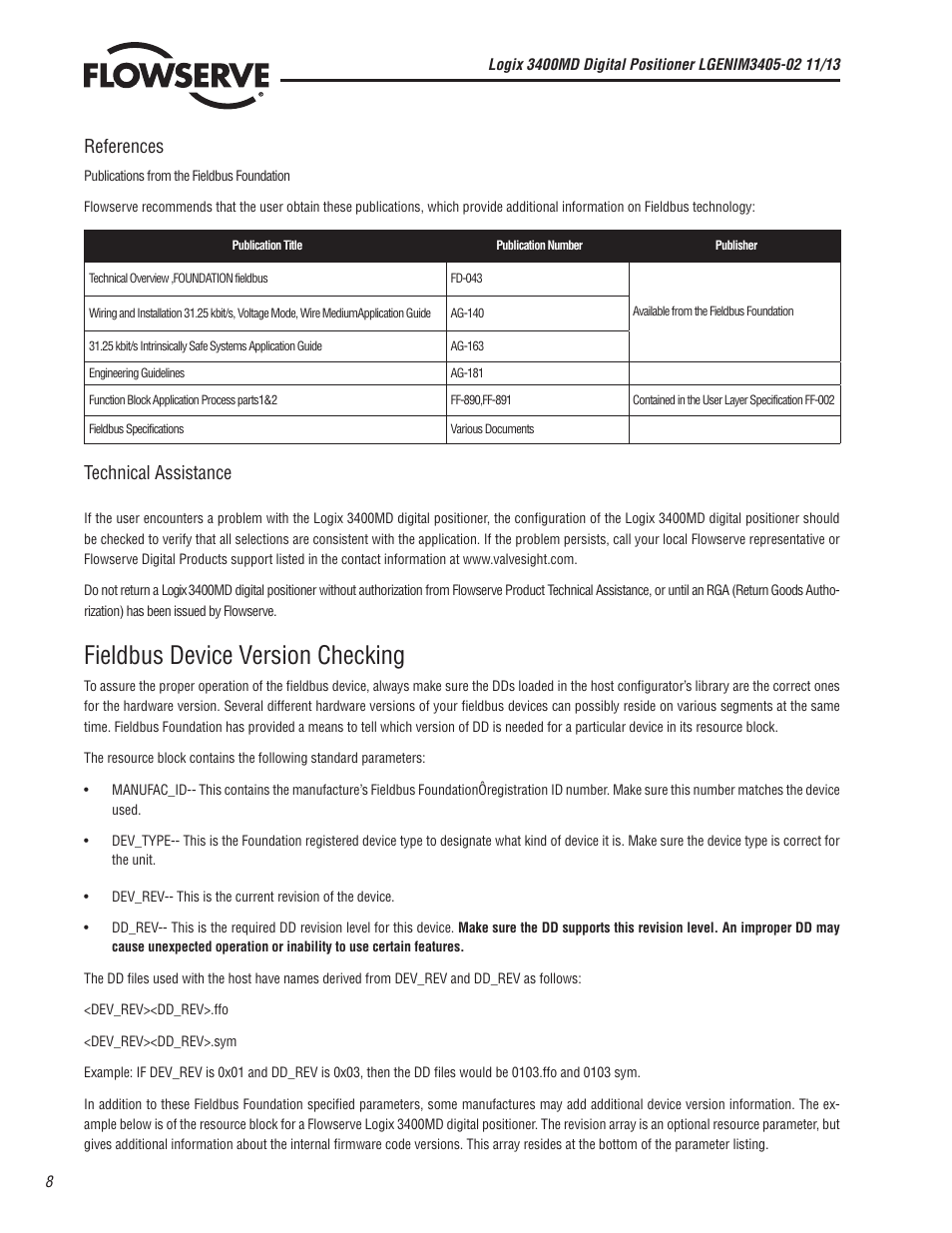 Fieldbus device version checking, References, Technical assistance | Flowserve 400MD Logix User Manual | Page 8 / 106