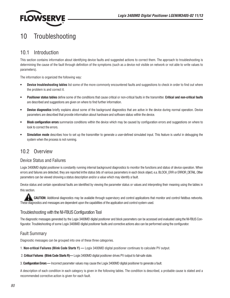 10 troubleshooting, 1 introduction, 2 overview | Flowserve 400MD Logix User Manual | Page 80 / 106