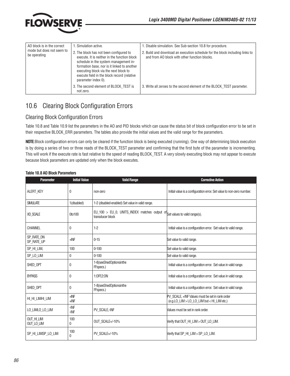 6 clearing block configuration errors, Clearing block configuration errors | Flowserve 400MD Logix User Manual | Page 86 / 106