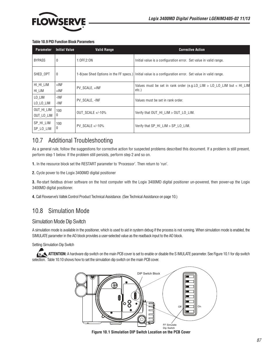 7 additional troubleshooting, 8 simulation mode, Simulation mode dip switch | Flowserve 400MD Logix User Manual | Page 87 / 106