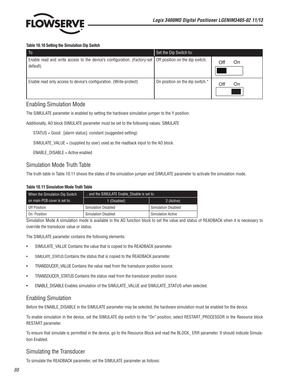 Enabling simulation mode, Simulation mode truth table, Enabling simulation | Simulating the transducer | Flowserve 400MD Logix User Manual | Page 88 / 106