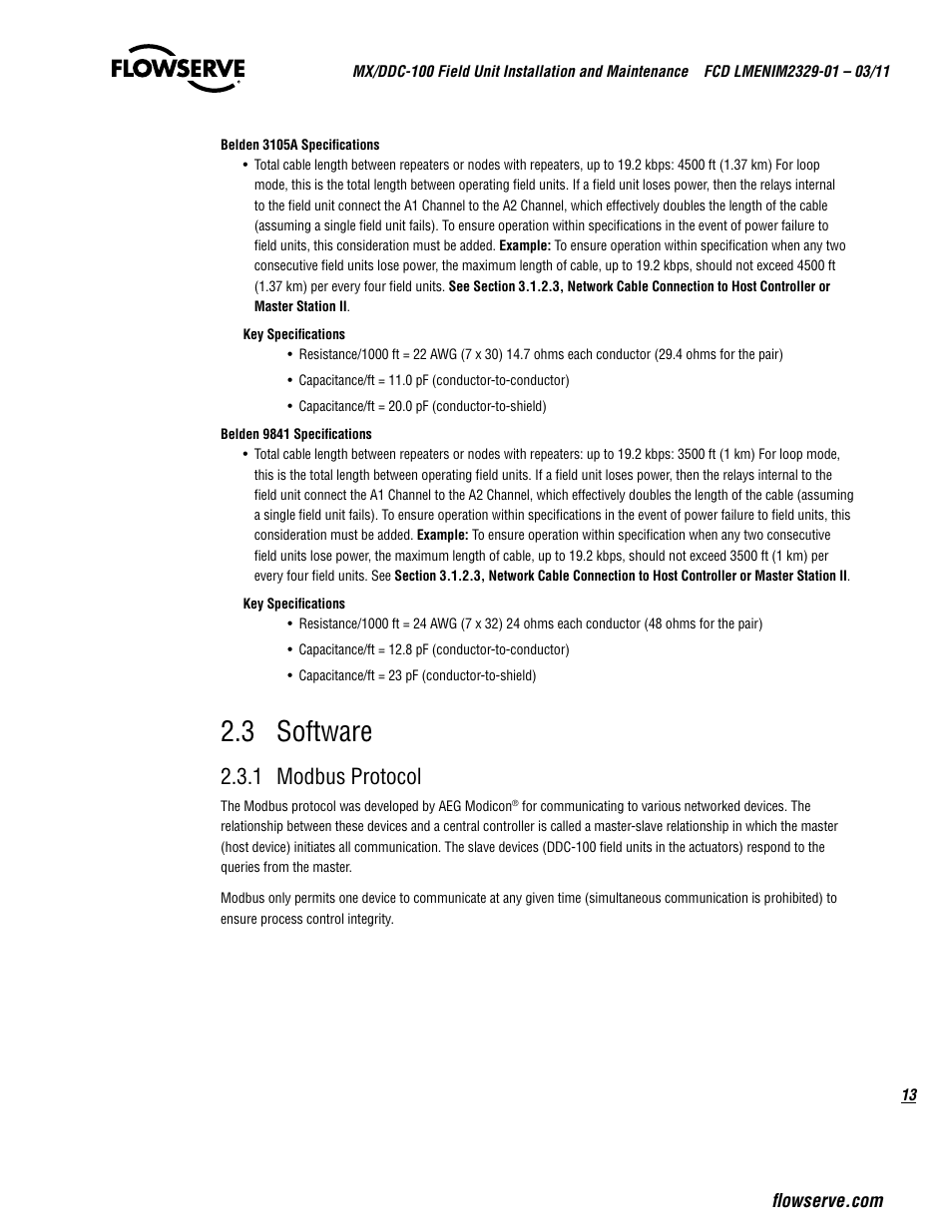 3 software, 1 modbus protocol | Flowserve MX-100 Field Unit User Manual | Page 13 / 66