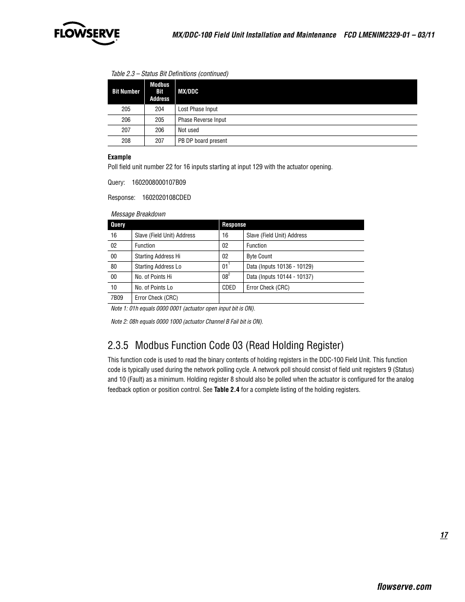 5 modbus function code 03 (read holding register) | Flowserve MX-100 Field Unit User Manual | Page 17 / 66
